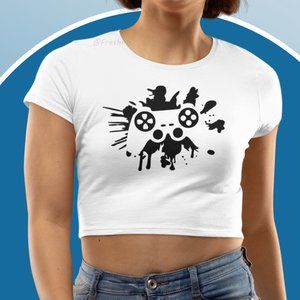 🆕Game Controller Splash Shirt White Fitted Crop Top Tee